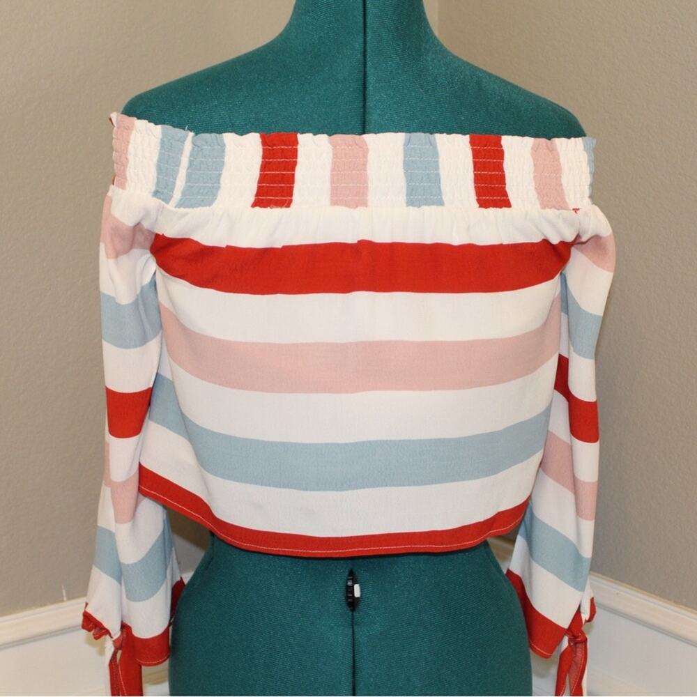 Lovers + Friends “Dream Lover” Striped Off Shoulder Tie Sleeve Top Women’s XS